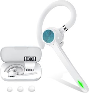 Bluetooth Headset, Wireless Bluetooth Earpiece with 500mAh Charging Case 72 Hours Talking Time Built-in Microphone for iOS Android Cell Phone, Hand-Free Headphones for Trucker, Office-White