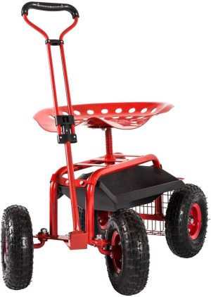 Adjustable Garden Cart, Red, 360 Degree Swivel Seat, Durable Steel Frame, Waterproof, Adjustable Handle, Tool Tray, Mobility