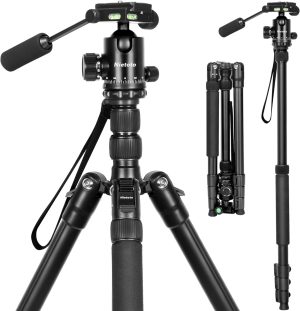 2 in1 Lightweight Video Camera Tripods • 68″ Tripod for Camera and Camcorder • 360° Ball Head Tripod with Removable Handle • Extra 1/4″ QR Plate and Phone Holder • Compatible with Canon Nikon Sony