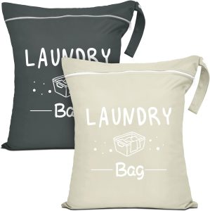 2 Pcs Large Travel Laundry Bag Waterproof Wet Dry Bag Washable Dirty Clothes Bag Bathing Suit Workout Bag for Gym Clothes Laundry Wet Clothes Swimming Yoga (Khaki + Grey)