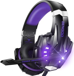 BENGOO G9000 Stereo Gaming Headset for PS5, PS4, PC, Xbox One Controller, Noise Cancelling Over Ear Headphones with Mic, LED Light, Bass Surround, Soft Memory Earmuffs – Purple