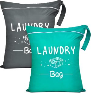 2 Pcs Large Travel Laundry Bag Waterproof Wet Dry Bag Washable Dirty Clothes Drawstring Bag Bathing Suit Workout Bag for Gym Clothes Laundry Wet Clothes Swimming Yoga, Green Grey