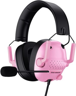 SENZER SG500 Surround Sound Pro Gaming Headset with Noise Cancelling Microphone – Soft Memory Foam Padding – Portable Foldable Headphones for PC, PS4, PS5, Xbox One, Switch – Pink