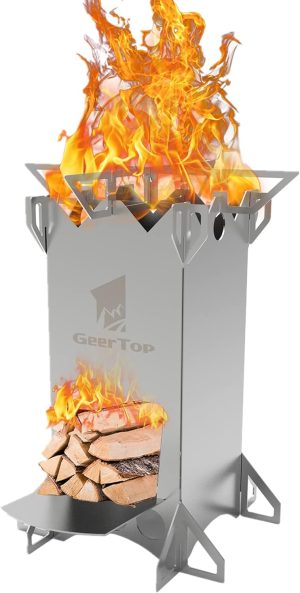 GEERTOP Wood Burning Camping Rocket Stove, Portable Backpacking Stainless Steel Wood Stove Camping Gear Accessories for Emergency Survival Outdoor Hiking Travel Picnic BBQ