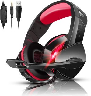 PHOINIKAS PS4 Gaming Headset with 7.1 Surround Sound, PC Headset with Noise Canceling Mic & LED Light, H3 Over Ear Headphones for Nintendo Switch, PS5, Xbox One, Laptop (Red)