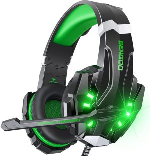 BENGOO G9000 Stereo Gaming Headset for PS4 PC Xbox One PS5 Controller, Noise Cancelling Over Ear Headphones with Mic, LED Light, Bass Surround, Soft Memory Earmuffs for Laptop Mac – Green