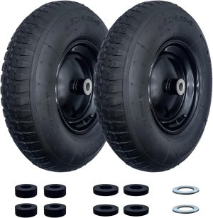 2-Pack 4.80/4.00-8″ Pneumatic Wheelbarrow Wheel and Tires with 3″- 6″ Center Hub and 3/4″ Bushings for Wheelbarrow and Yard Cart Garden Wagon, Black