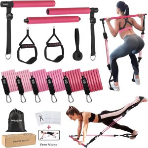 Portable Pilates Bar Kit with Resistance Bands for Women & Men, Upgraded 3 Section Multifunctional Yoga Pilates Bar for Home Gym Exercise Fitness Equipment Supports Full-Body Workouts