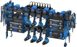 CCCEI Blue Large Tools Organizer Wall Mount Charging Station, 39 Inch Long Power Tool Battery Storage Rack with 6FT Power Strip. 8 Drill Holder, Garage Utility Shelves. Pegboard Hanging Extension.