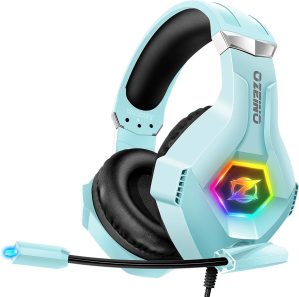 Gaming Headset with Microphone, Compatible with Xbox One, PS5, PS4, PC Switch, Gaming Headphones, RGB Light, Stereo Surround Sound -Light Blue