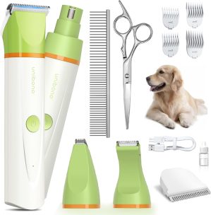 Dog Grooming Clippers Kit, All-in-One Low Noise Slient Electric Clippers Rechargeable Cordless Waterproof Small Paw Trimmer Nail Grinder Quiet Pet Shaver for Dogs Cats at Home