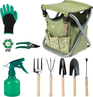 12 pcs Garden Tools Stool, Gardening Hand Tools Set with Folding Chair Seat and Garden Storage Tote Bag, Garden Tools Carrier, Digging, Gardening Gifts Set for Mom/Dad and Gardeners. Green