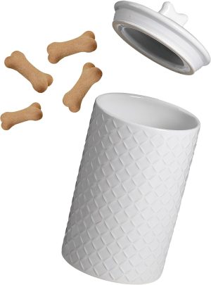 BIRDROCK HOME Large Dog Treat Container Jar | 9″ x 5″ | 7 Cups | Airtight Seal | Bone Handle Lid | Durable Ceramic Canister | White