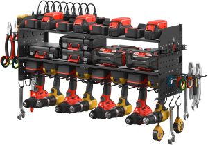 JUNNUJ Large Pegboard Power Tool Organizer with Charging Station, 8 Drills Driver and Tools Battery Holder Wall Mount with 8 Outlet Power Strip, Black 3-Layer Shop Garage Storage Utility Rack