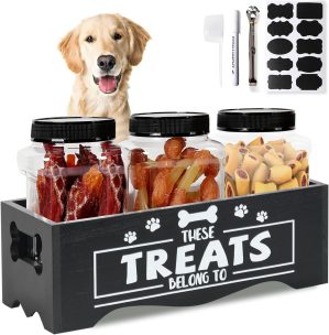 Dog Treat Container, Wooden Cat Food Container Storage with 3 Jars, Food Storage Organizer for Dog and Cat, Black Wooden Pet Treat Container, Great Gift for Pet Lover