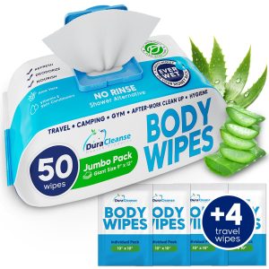 XL Body Wipes for Adults Bathing No Rinse – 50 Ct. + 4 Travel Shower Wipes – 9″x12″ Thick Cleansing Bath Wash Wipes for Elderly Incontinence – Disposable Washcloths, Camping Essentials for Women & Men