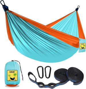 SZHLUX Kids Hammock – Kids Camping Gear, Camping Accessories with 2 Tree Straps and Carabiners for Indoor/Outdoor Use,Orange & Light Blue