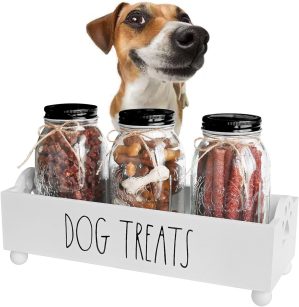 Dog Treat Container, Pet Treat Holder with Glass Jars, Farmhouse Dog Food Storage Organizer, Airtight Dog Treat Bin, Cat Dog Biscuit Dispenser, Pet Accessories (White – 3 Glass Jars)