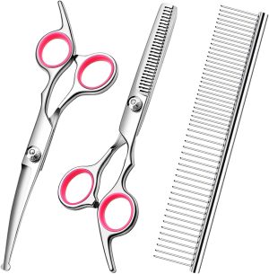 Dog Grooming Scissors with Safety Round Tips Stainless Steel Professional Dog Grooming Kit – Thinning, Curved Scissors and Comb for Dog Cat Pet