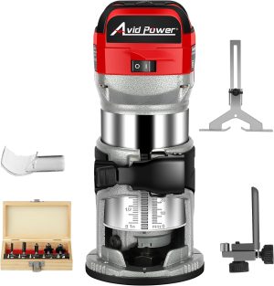 AVID POWER 6.5 Amp 1.25 HP Compact Router Tools for Woodworking, Fixed Base Wood Router with Trim Router Bits, 6 Variable Speeds, Edge Guide, Roller Guide, Dust Hood (Red, 65mm)
