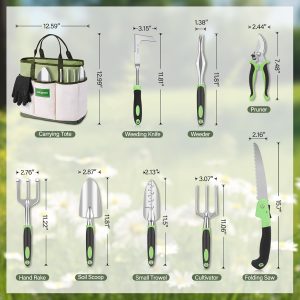 sungwoo Garden Tool Set 10 Piece, Heavy Duty and Lightweight Aluminium Alloy Tools with Ergonomic Handle, Sturdy Storage Tote Bag, Gardening Hand Tools, Gardening Gift for Women and Men Green