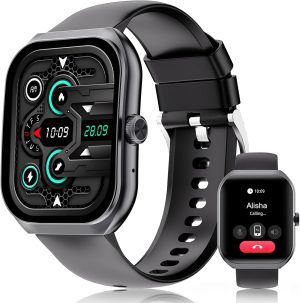 Curved Smart Watch for Men Women, 2.1″ AMOLED Smartwatch with AOD Mode, Answer/Make Calls, Heart Rate Sleep Monitor, 120+ Sports, IP68 Waterproof Fitness Tracker Watch for Android iOS, Black, 2024