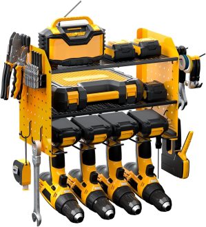 Power Tool Organizer Wall Mount, 3 Layer Power Tool Holder 4 Drill Organizer, Heavy Duty Tool Shelf with Hooks, Screwdriver Holder, Power Tool storage rack for Garage, Tool Room, Yellow