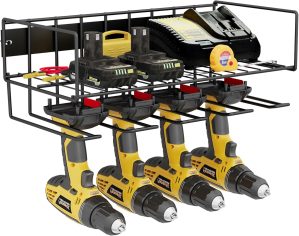 Power Tool Organizer Wall Mount, Alloy Steel Construction for Garage Utility Tool Shelf, 15.8″ W x 5.9″ H x 7.9″ D Storage for 4 Drill Holders-No Assembly Required, Perfect for Father’s Day