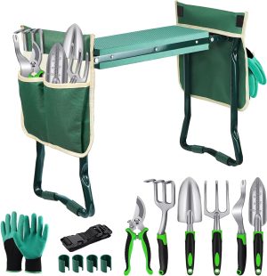 MENOLY Garden Kneeler and Seat, Folding Gardening Stool with Kneeling Pad, Gardening Bench with 6 Garden Tools, Tool Pouches, Glove, Detachable Belt, Gardening Gift for Women Men Mom Parents Elders