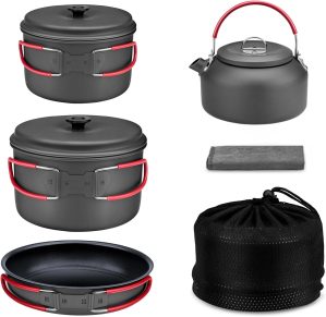 ALOCS Camping Cookware Set,Durable Aluminum Camping Cooking Set, Compact Camping Pots and Pans Set with Kettle, Non-Stick Camping Pan Camping Essentials for Outdoor Cooking, Hiking, and Picnics.