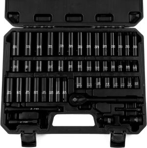 50-Piece 3/8″ Drive Socket Set, SAE (5/16″-3/4″) & Metric (8mm-22mm), Deep & Shallow, 72-Tooth Ratchet Wrench, Extension Bars, 1/2″ F to 3/8″ M Reducer, Universal Joint & Power Drill Adapter