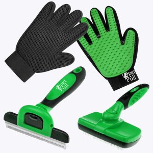 Complete Professional Pet Grooming Kit with Pet Hair Removal Tool Brush Gloves, Self Cleaning Slicker Brush, and Pro Grooming Dog Brush Deshedder Comb to Reduce Shedding (Green)