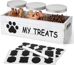 Dog Treat Container for Countertop – Dog Food Storage with 3 Jars – Pet Food Organizer For Puppy – Airtight White Wooden Dog Treat Storage With Lids – Great Gift for Pet Dog Owners