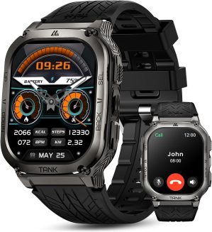 AMAZTIM Smart Watch, 60 Days Extra-Long Battery, 5ATM Waterproof Swimming Diving, Full Metal Military Grade, Answer/Make Call, 2″ AMOLED Display, Health Monitor Compatible for iPhone and Android,Black