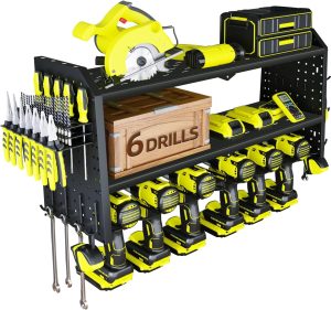 Power Tool Organizer,Large 6 Drill Holder Wall Mount,Heavy Duty Metal Tool Shelf with 2 Side Pegboards,Cordless Drill Holder and Battery Shelves,Storage Rack for Garage Organization – Black