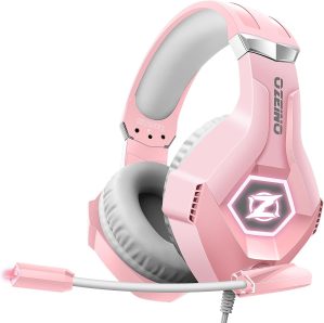 Gaming Headset for PS4, PS5, PC, Xbox One Controller, Noise Cancelling Over Ear Headphones with Mic, LED Light, Bass Surround, Soft Memory Earmuffs -Pink