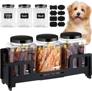 Abbylike Dog Treat Container Dog Food Storage Container 3 Plastic Dog Treat Jars Farmhouse Dog Food Container Dog Treat Organizer Wood Cat Treat Container for Pet Dog and Cat (Black)