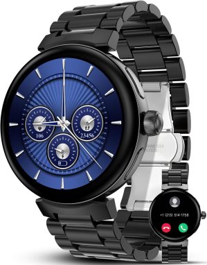 aigo Smart Watch for Men with Heart Rate Monitor, Fitness & Sleep Tracker, Receive/Dial Call, 107+ Sports Modes, 1.73″ HD Screen IP68 Waterproof Watches for Android iOS Phone, Black(Two Bands)