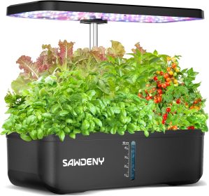 12 Pods Hydroponics Growing System, Herb Garden Indoor with 36W LED Grow Light, 2 Modes, Up to 18.5″ Post, Auto Timer, Self-Circulation Water System, Hydroponic Planter, Plant Germination Kit