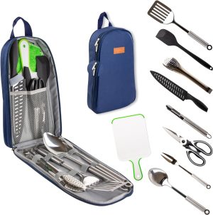 Camp Cooking Utensil Set & Outdoor Kitchen Gear Cookware Kit, Portable Compact Carry Case for Camping, Hiking, Travel, BBQ Grilling Stainless Steel Accessories Spoon & Fork
