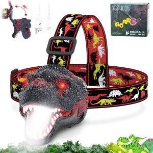 Dinosaur Headlamp for Kids Flashlight Rechargeable Led Headlights Roar & Silent Mode, T-Rex Dinosaur Toys, Camping Gear, Gifts for Boys Girls Adults
