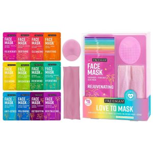 Freeman Facial Love To Mask 14 Piece Variety Pack: Oil Absorbing Clay, Detoxifying Charcoal, Clearing Peel Off, Hydrating Gel Cream, Exfoliating Scrub, With Bonus Buffer and Headband