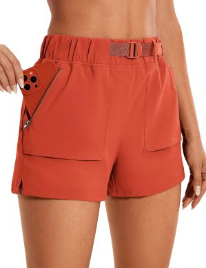 CRZ YOGA Women’s Waterproof Stretch Hiking Shorts: Mid Rise Summer Outdoor Golf Workout Shorts Zip Pockets with Belt – 3”