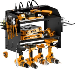 Modular Power Tool Organizer Wall Mount 8-outlet Charging Station with Power Strip Battery Charger, 3-layer Drill Holder, Pegboard Garage Storage System, Extra Side Stand, Utility Racks & Hooks