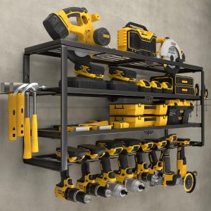 YYR 4 Layer Power Tool Organizer Wall Mount, Cordless Drill Hanger Storage Rack, Battery Tools Holder with Charging Station Shelf for Garage Organization, Workshop, Pegboard, Shed – 32 Inch 8 Slots