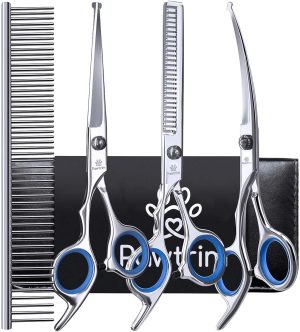Professional Pet Grooming Kit – 5 in 1 Dog Grooming Scissor Kit – Dog & Cat Grooming Supplies – Adjustable Screw Scissors, 4CR Stainless Steel Dog Clippers, Hair Thinning Shears, Rubber Grips…