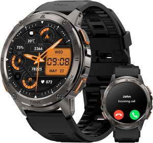 AMAZTIM Smart Watch, 60 Days Extra-Long Battery, 5ATM Waterproof Swimming Diving, Full Metal military tactical, Answer/Make Call, 1.43″ AMOLED Display, Health Monitor Compatible for iPhone and Android