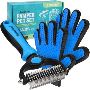 Maxpower Planet Pet Grooming Brush and 2X Grooming Gloves Combo – Double Sided Dematting, Deshedding Undercoat Rake for Dogs – Cat Brush, Dog Brush Shedding, Pet Brush – Reduce Shedding Easily – Blue