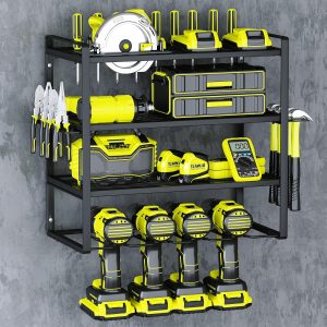 Power Tool Organizer,4 Layer Drill Holders Wall Mount,Heavy Duty Metal Organizers and Storage Rack for Garage Organization,Tools Shelves with Screwdriver Plier/Hammer Holder, Black
