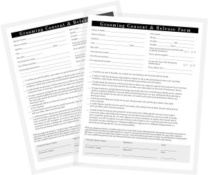 Boutique Marketing Pet Grooming Intake, Consent & Release Form | 50 Pack 8.5x11incheses Standard Paper Size Supplies Matches Groomer Loyalty Appointment Reminder White Black Design